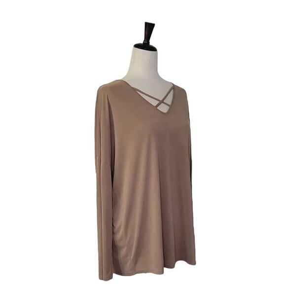 Active USA Heathered Tan V-neck Crisscross Drop Sleeve Stretchy Top Size L - Picture 2 of 7